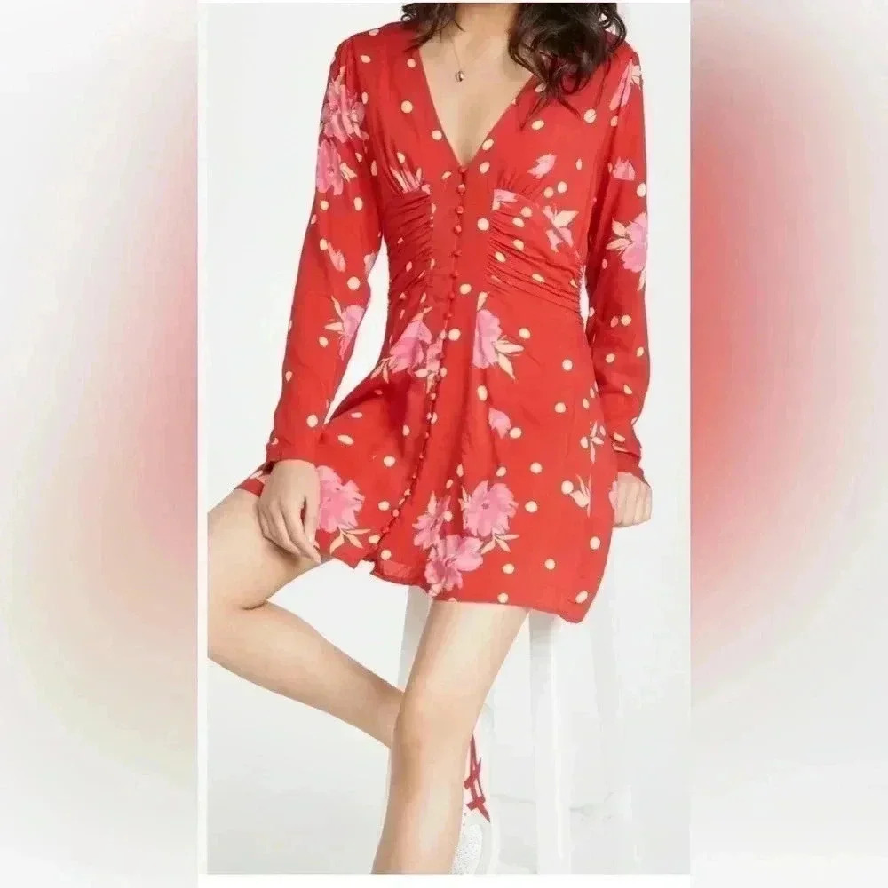 NWT FREE PEOPLE Red Date Night Mini Dress in Strawberry Combo Medium